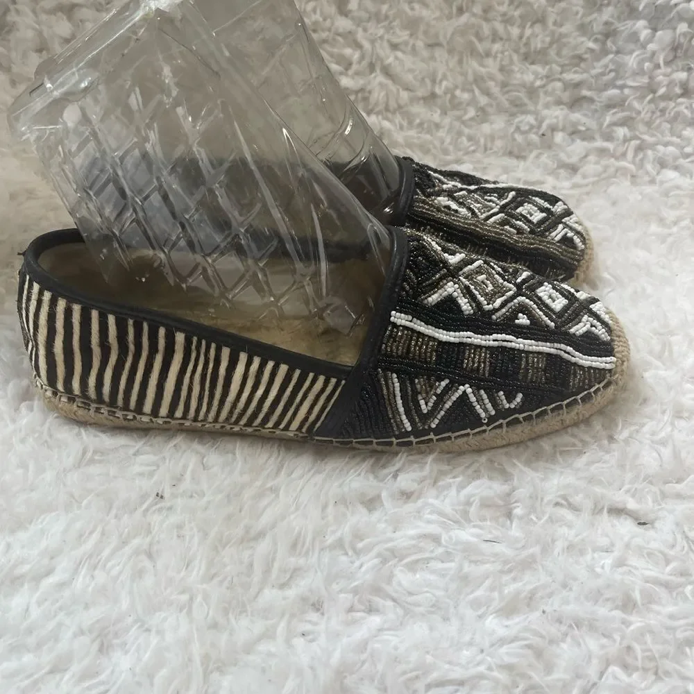 Sam Edelman Lida Beaded Geometric Black Gold White Leather Espadrilles SZ10.5M
